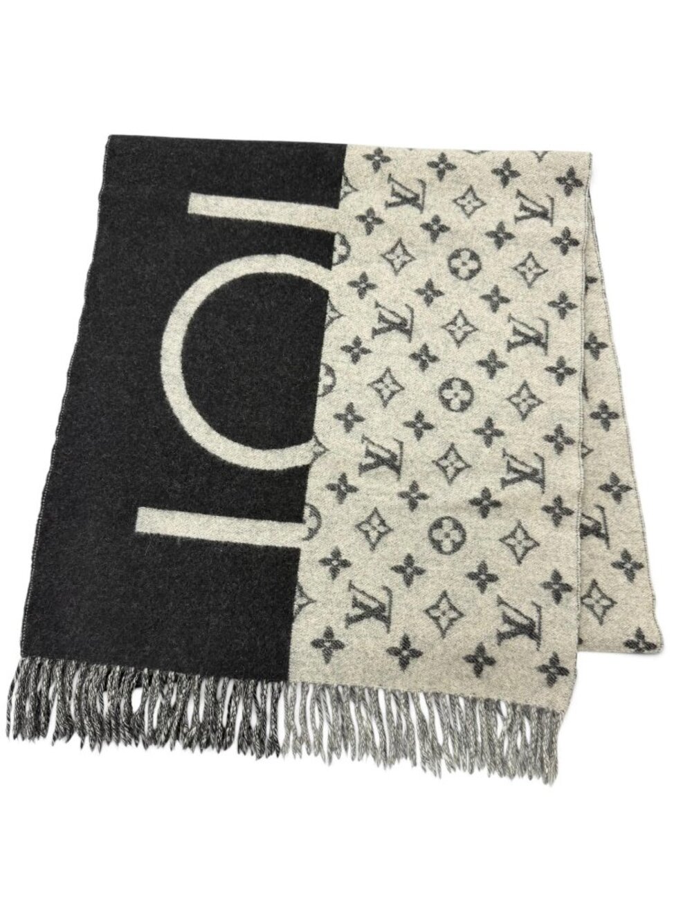 Louis Vuitton Echarpe LV Split Cashmere 100% Monogram Fringe Scarf Black Gray
